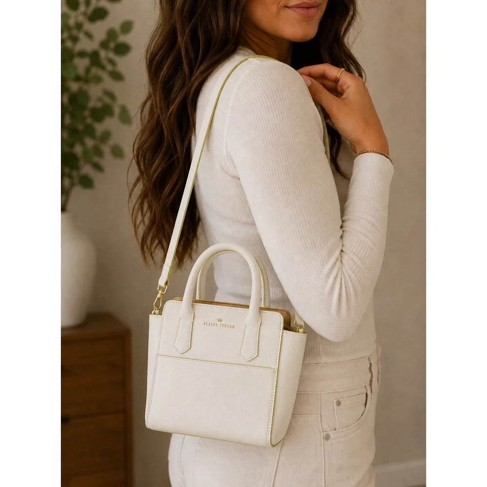 Elaine Turner Womens Handbag Small White Saffiano Leather Crossbody‎ Tote Preppy